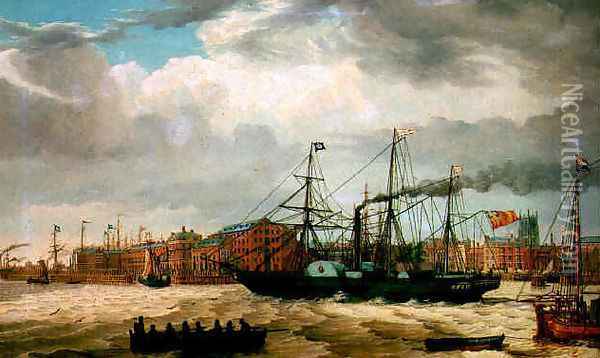 A paddle steamer and other shipping in the docks at Kingston upon Hull 1829 Oil Painting - Thomas A. Binks