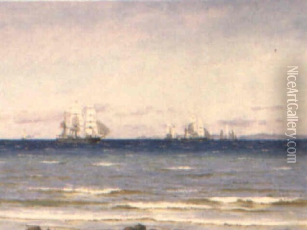 Marine Med Sejl Skibe, I Baggrunden Den Svenske Kyst Oil Painting - Carl Ludvig Thilson Locher