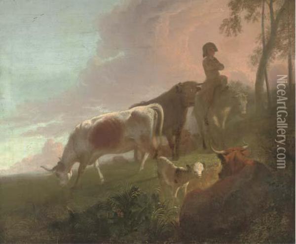 A Landscape With A Mounted Drover And His Cattle At Twilight Oil Painting - Jacob Van Stry