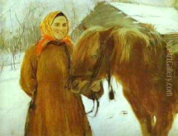 In A Village Peasant Woman With A Horse 1898 Oil Painting - Valentin Aleksandrovich Serov