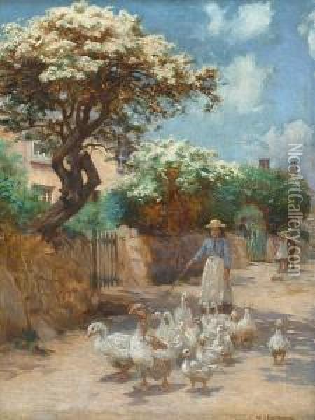 Goose Girl In A Cornish Lane Oil Painting - William Banks Fortescue