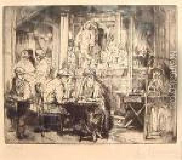 ''cafe Interior'', Etching & Drypoint, Signed. Framed Oil Painting - Auguste Brouet