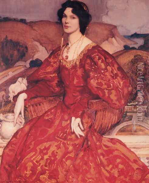 Sybil Walker in Red and Gold Dress Oil Painting - George Lambert