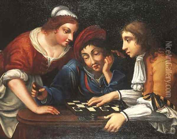 Peasants playing draughts in an interior Oil Painting - Angelo Caroselli