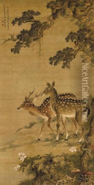 Deers Of Longevity Oil Painting - Shen Quan