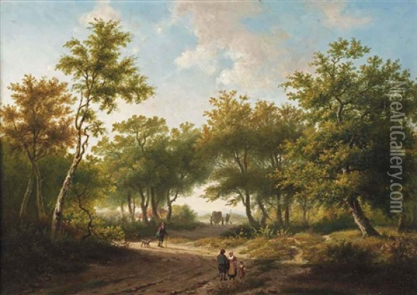 Travelers In A Forest During A Sunny Day Oil Painting - Hendrik Pieter Koekkoek