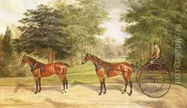 Two horses harnessed in tandem pulling a carriage 1883 Oil Painting - Benjamin Cam Norton