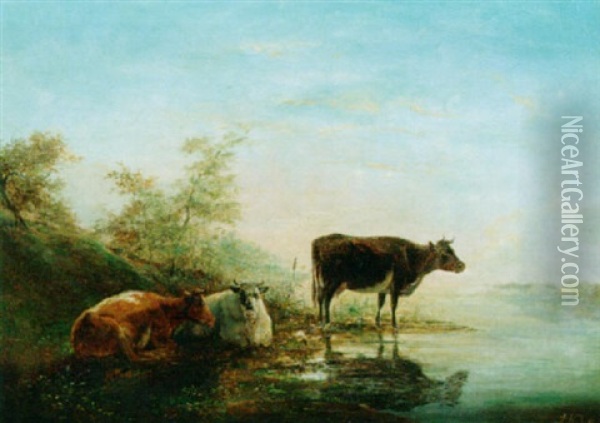 Cows By A Stream Oil Painting - Jan Kobell III