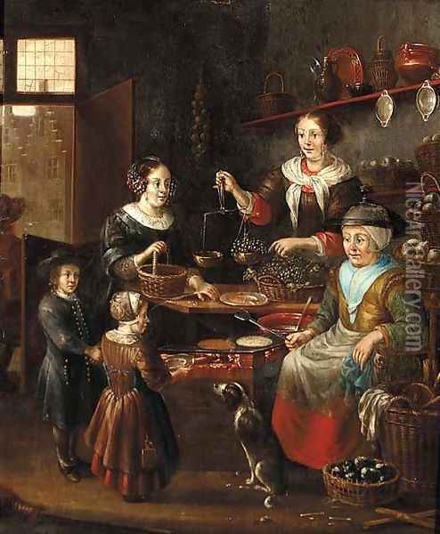 The interior of a grocer's shop with a woman making pancakes Oil Painting - Michiel van Musscher