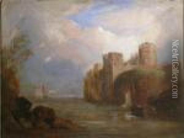Boats On A River With Castle Beyond Oil Painting - James Baker Pyne