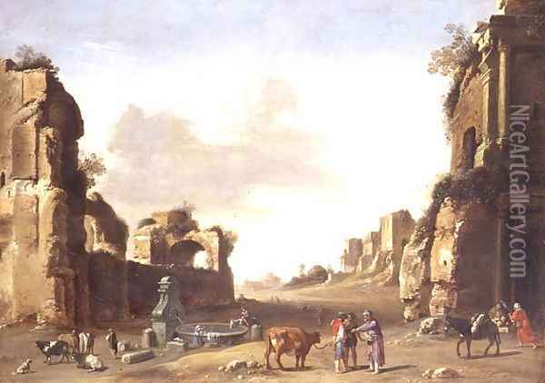 Classical Ruins with Peasants Watering their Animals Oil Painting - Bartholomeus Breenbergh