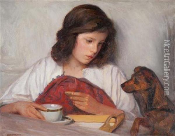 Austrian, - Girl's Bestfriend Oil Painting - Anton Hans Karlinsky