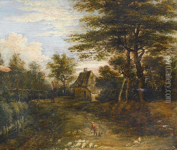 A Wooded Landscape With A Shepherd And His Flock On A Country Path Oil Painting - Lucas Van Uden