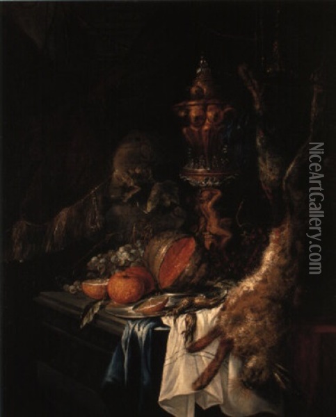 A Dead Hare, Fruit, Plate And Globe On A Partially Draped Ledge Oil Painting - Abraham van Beyeren