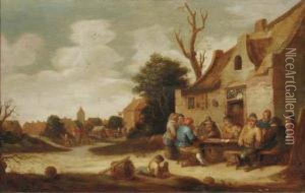 Boors Smoking And Drinking Outside An Inn, A Village In Thedistance Oil Painting - Pieter de Bloot