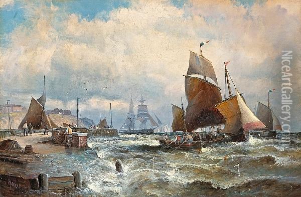 Shipping Off A Pier In A Stiff Breeze Oil Painting - William A. Thornley Or Thornber