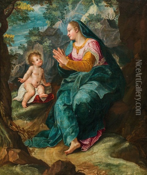 Madonna With Child In A Rocky Landscape Oil Painting - Denys Calvaert
