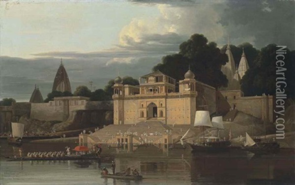 Shivala Ghaut And Cheyt Singh's House Near Benares Oil Painting - William Daniell