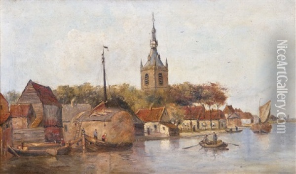 Hollandische Uferlandschaft Oil Painting - Johannes Hilverdink