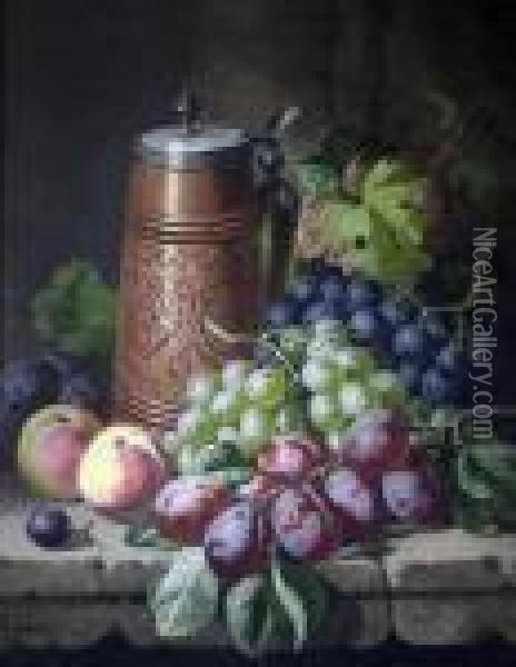 Flagon And Fruit On A Ledge Oil Painting - Charles Thomas Bale