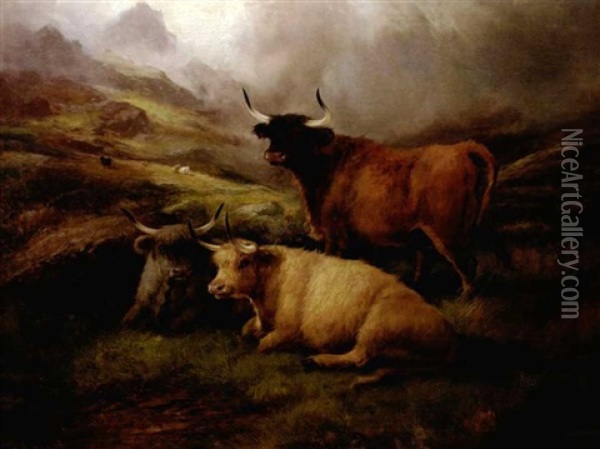 Highland Landscape With Cattle Oil Painting - John W. Morris
