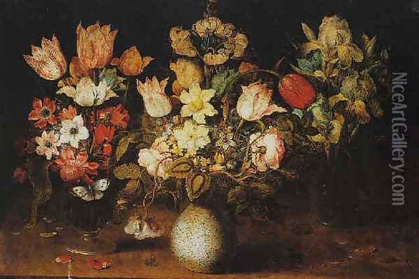 Nature morte aux trois vases de fleurs disposés sur un entablement Oil Painting - Osias, the Elder Beert