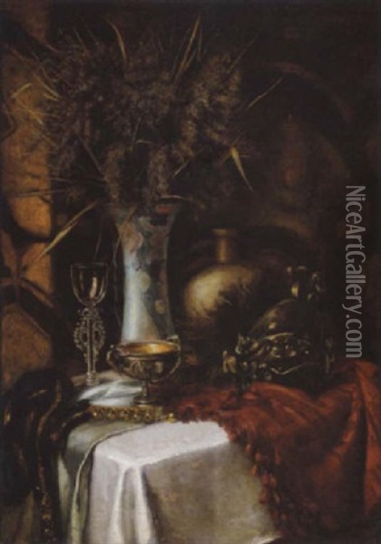 Opstilling Med Vase, Glas Og Hjelm Pa Et Bord Oil Painting - Sir Hubert von Herkomer