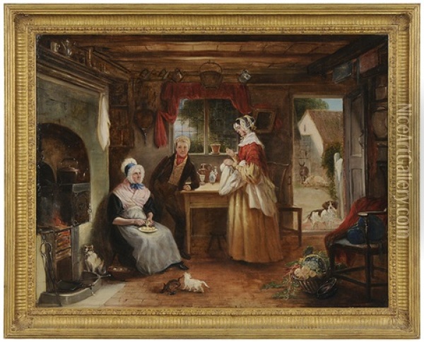 Domestic Scene, With Family And Animals In A Kitchen Oil Painting - John Ferneley Jr.