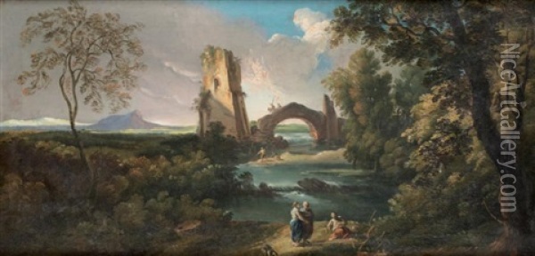 Paysage Au Pont Et A La Tour Avec Des Villageoises Pres D'une Riviere Oil Painting - Andrea Locatelli