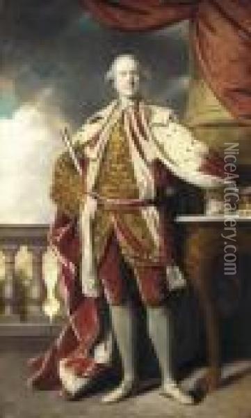 Portrait Of James Hay 
(1726-1778), 15th Earl Of Erroll, Full-length, In Coronation Robes, 
Holding The Baton Of The Lord High Constable Of Scotland, A Tree And A 
Balustrade Beyond Oil Painting - Sir Joshua Reynolds