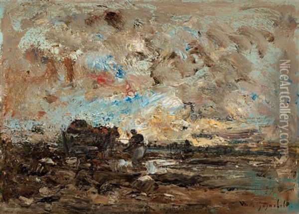 Landscape At Dawn With Farmer And Cart Oil Painting - Wilhelm von Gegerfelt