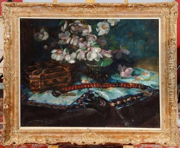 Nature Morte Aux Fleurs Dans Un Decor Japonisant Oil Painting - Arthur Navez
