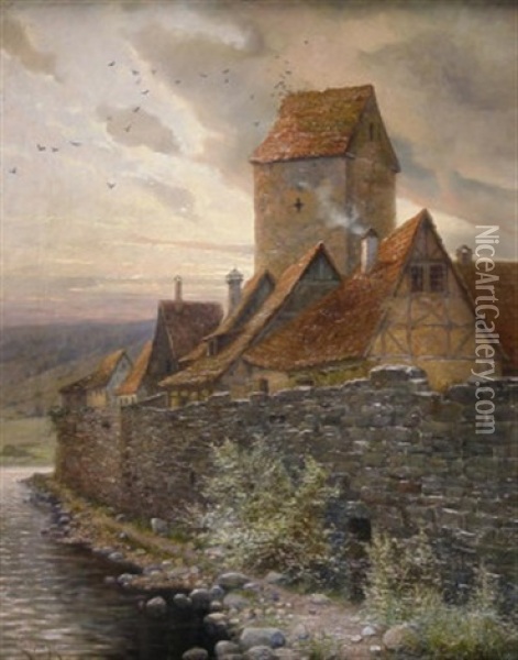 Dorf Mit Wehrturm Und Ringmauer Im Thuringischen Oil Painting - Elmar von Eschwege