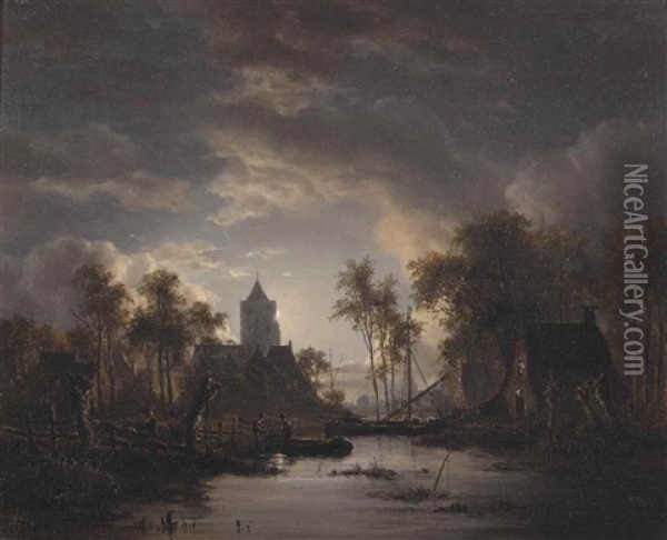 River View With A Church Tower Oil Painting - Jacobus Theodorus Abels