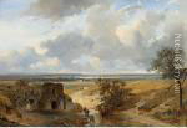 Figures In A Panoramic Summer Landscape Oil Painting - Nicholas Jan Roosenboom