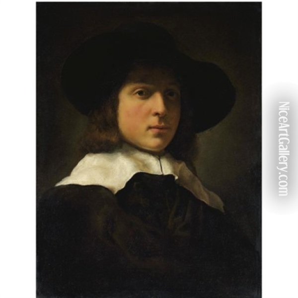 A Portrait Of A Young Man Wearing A Hat And White Ruff Oil Painting - Govaert Flinck