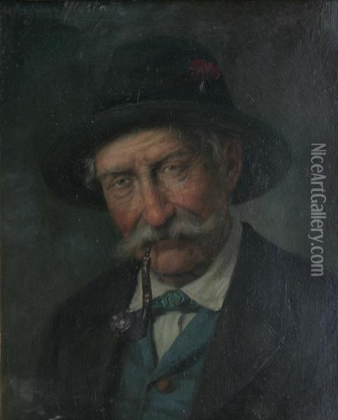 Portratt Av Man Med Hatt Och Pipa Oil Painting - Magnus Ahlstedt