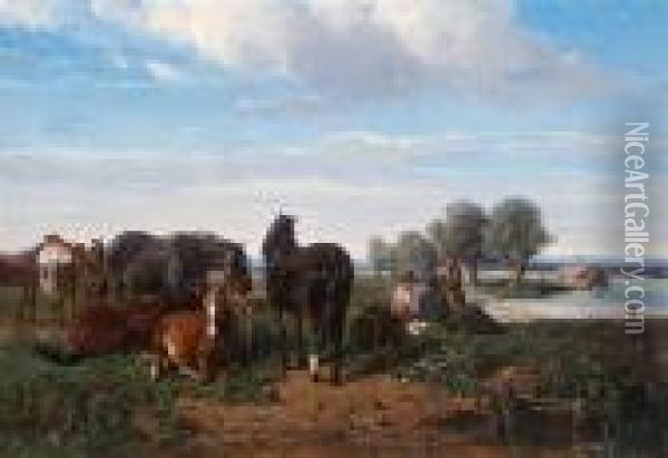 Horses Resting By A River Oil Painting - Ludwig Hartmann