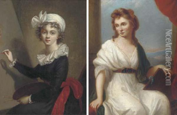 Portrait Of The Artist At An Easel; And Portrait Of The Artistholding A Painting Oil Painting - Elisabeth Vigee-Lebrun