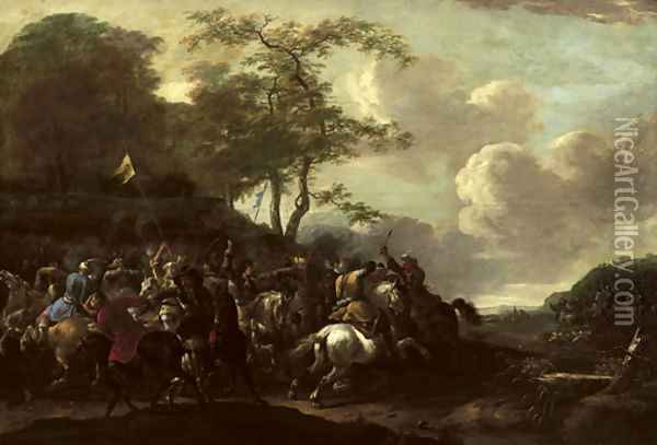 A cavalry skirmish between Christians and Turks 2 Oil Painting - Simon Johannes van Douw