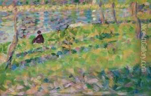 Paysage, Homme Assis (etude Pour Un Dimanche D'ete A L'ile De La Grande Jatte Oil Painting - Georges Seurat