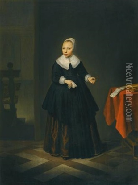 Portrait Of A Girl, Full-length, Standing In An Interior Oil Painting - Isaack Jacobsz. van Hooren