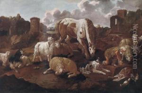 A Shepherd With A Horse And Flocks In The Roman Campagna Oil Painting - Philipp Peter Roos