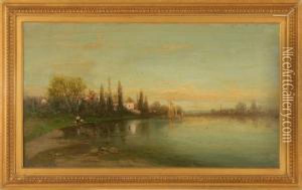 River Scene With Houses Oil Painting - Christopher H. Shearer