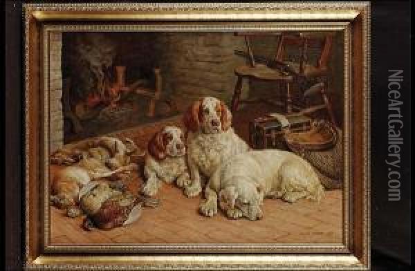 Clumber Spaniels By A Fire Oil Painting - Frank Paton