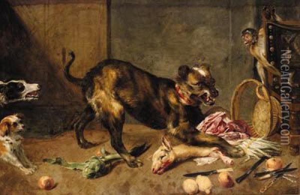 A Hound Guarding Animal Lights 
From Other Dogs With Lemons, Anartichoke, Asparagus And Cutlery And A 
Monkey In A Larder Oil Painting - Frans Snyders