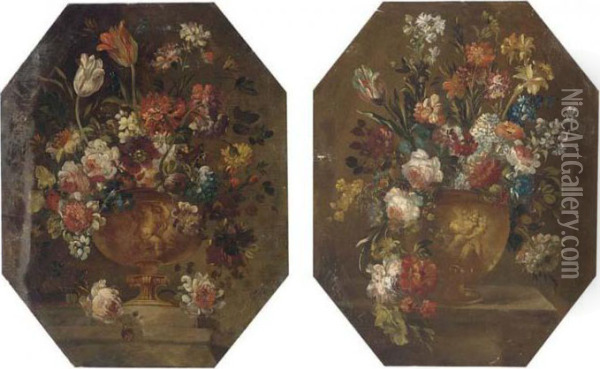 Mixed Flowers In A Vase On A Ledge; And Mixed Flowers In A Vase Ona Ledge Oil Painting - Francesco Guardi