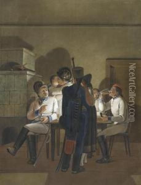 Frenchmen In A Tavern Oil Painting - Johann Baptist Seele