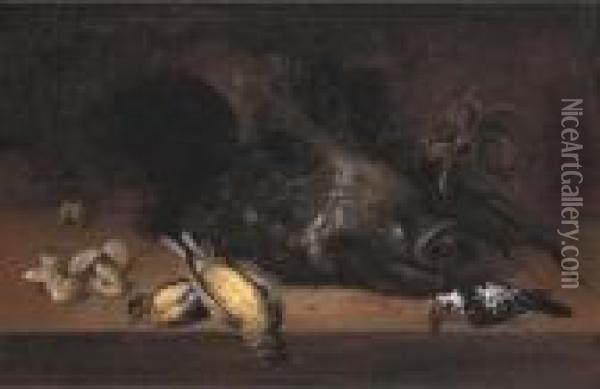 A Hunting Still Life With A Boar's Head, A Fly, Clams, A Jay Andother Birds On A Ledge Oil Painting - Johann-Adalbert Angermeyer