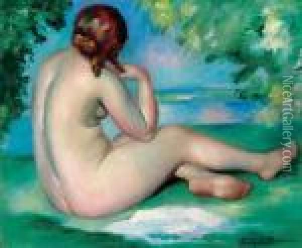 A Female Nude In A Landscape Oil Painting - Henri Ottmann